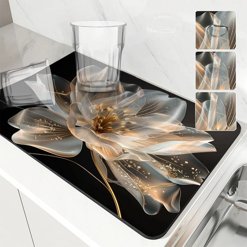 Floral Lines Translucent Flowers Non-Slip Drying Mat for Kitchen Counter by Axyaa