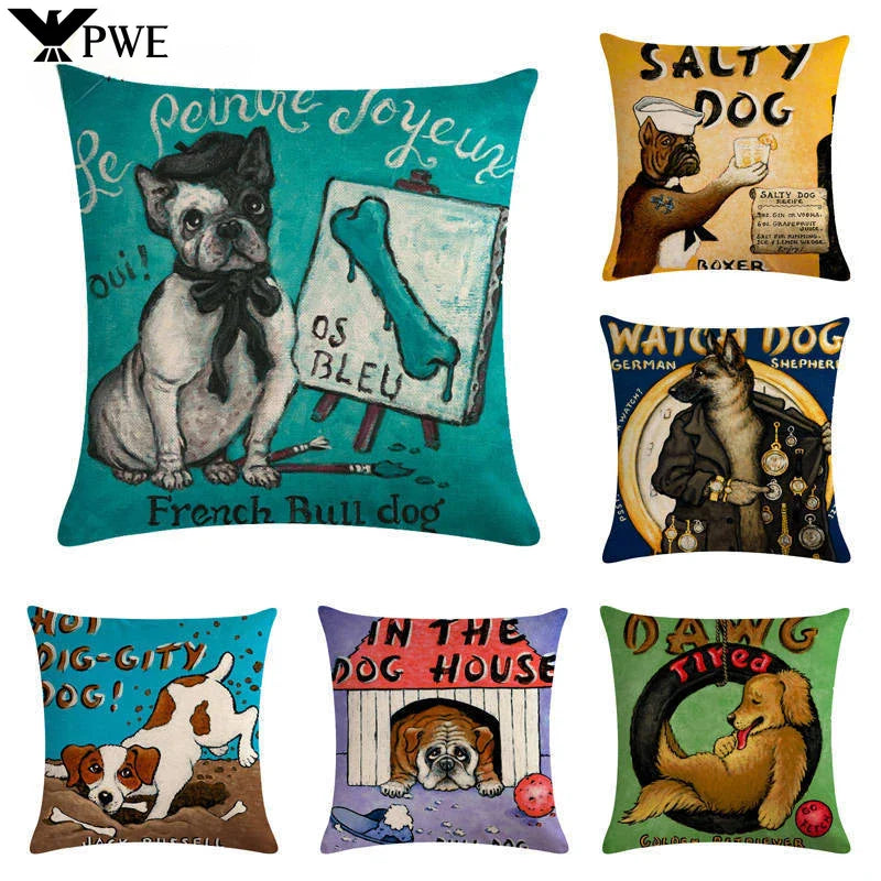 Axyaa Cartoon Dog Linen Cushion Cover for Office Furniture and Sofa Decor