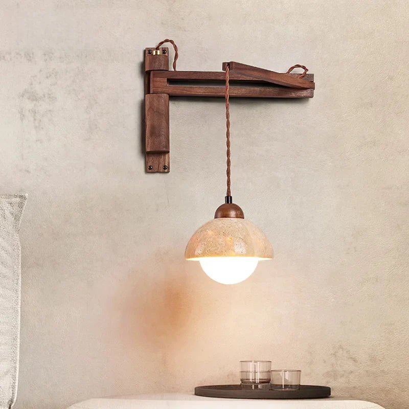 Axyaa Nordic LED Wall Sconce Yellow Travertine Stone Wood Handle Stair Light