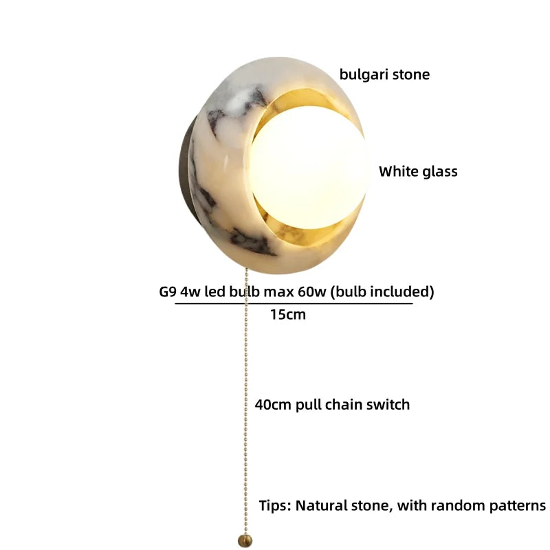 Axyaa Round Bulgari Stone LED Wall Lamp with Switch, White Glass Ball, Nordic Modern