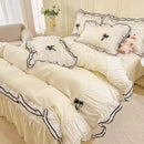 Axyaa Princess Bow Seersucker Bedding Set: Ruffle Lace Bed Skirt, Solid Duvet Cover Queen King