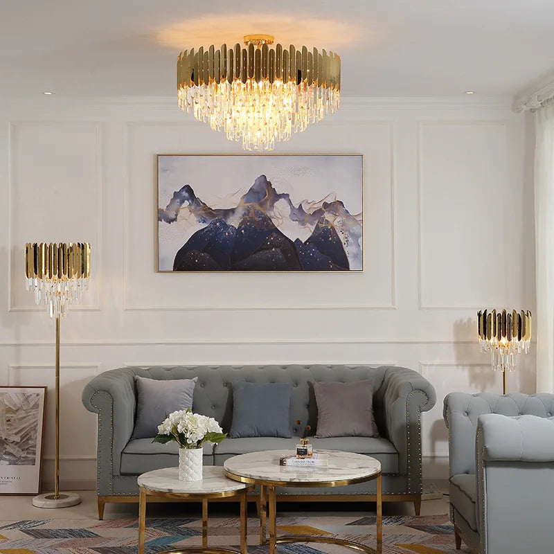 Axyaa Luxury Golden LED Crystal Ceiling Light - Modern Round Living Room Fixture