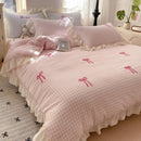 Axyaa Princess Lace Bow 4-Piece Set, Korean Style, Pink Washed Cotton