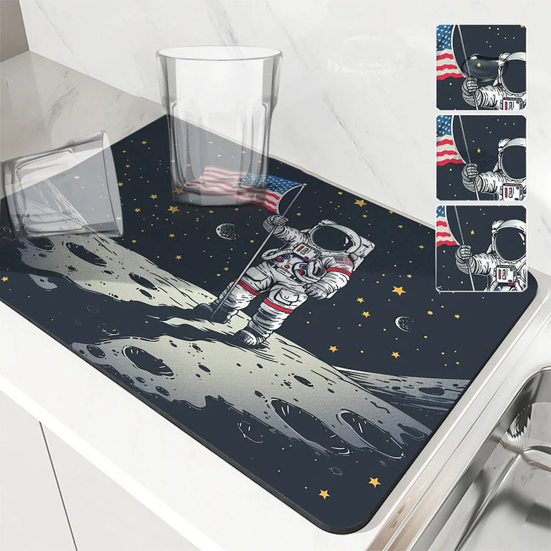 Axyaa Spaceman Coffee Cup Drying Mat Absorbent Non-Slip Kitchen Drain Mat