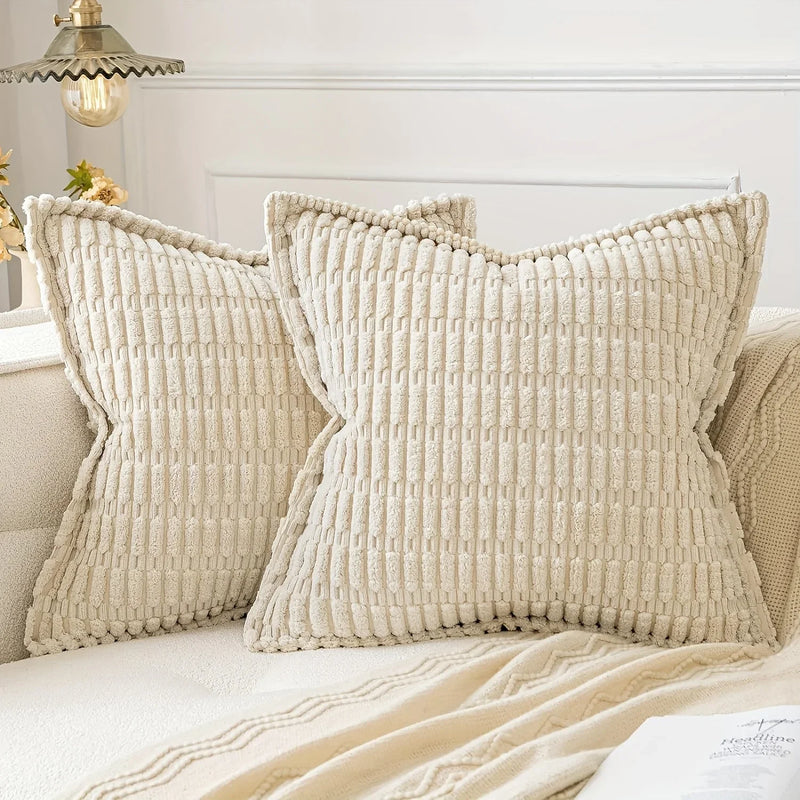 Axyaa Soft Corduroy Stripe Pillow Cover with Geometric Pattern