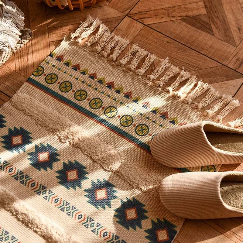 Axya Cotton Linen Tassel Woven Floor Mat | Modern Minimalist Bedroom Carpet