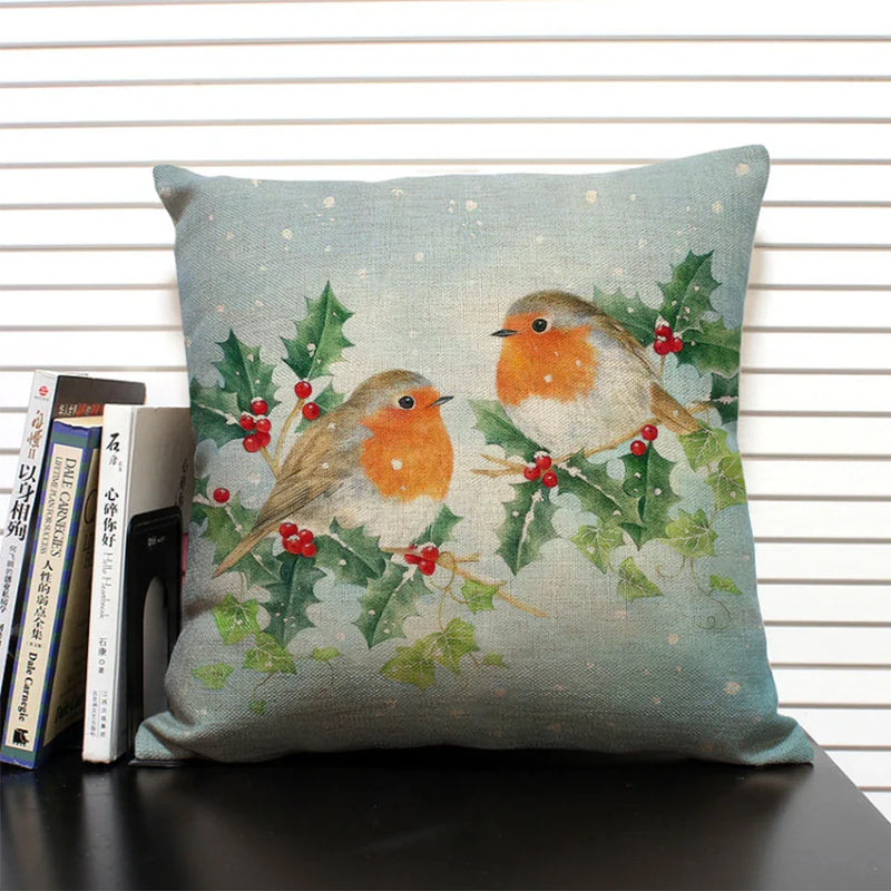 Axyaa Christmas Bird Snow Pattern 45x45cm Linen Pillow Case Home Sofa Decoration
