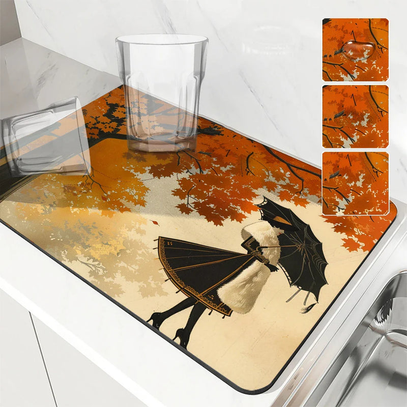 Axyaa Retro Coffee Dish Mat: Absorbent, Anti-slip, Quick Dry Draining Mat for Kitchen and Bathroom