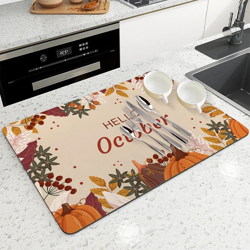 Autumn Harvest Maple Leaves Kitchen Drying Mat by Axyaa