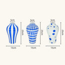 Axyaa Blue Geometric Quilted Ceramic Vase with Polka Dots Pattern for Home Decoration