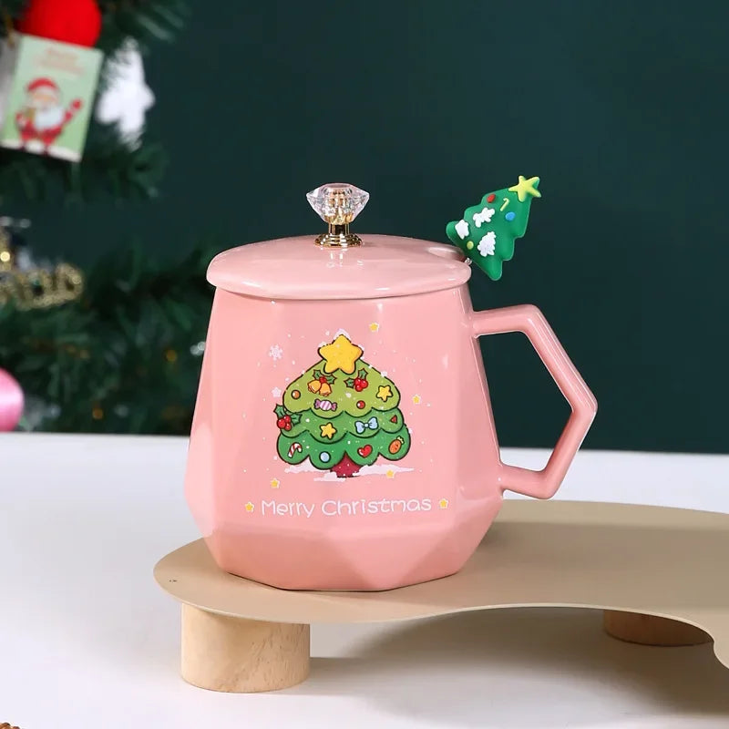 Axyaa Christmas Ceramic Mug Set with Lid and Spoon - Festive Xmas Gift Cup