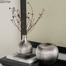 Axyaa Matte Silver Ceramic Striped Vase Room Decoration Artificial Flowers Bouquet