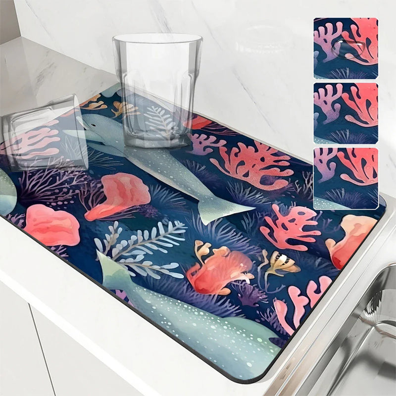 Axyaa Marine Whales Desk Drain Pad, Heat Resistant Non-slip Kitchen Drying Mat