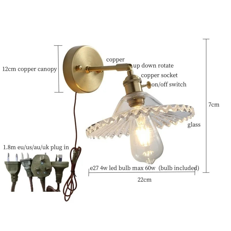 Axyaa Clear Brass Glass LED Wall Lamp with Pull Chain
