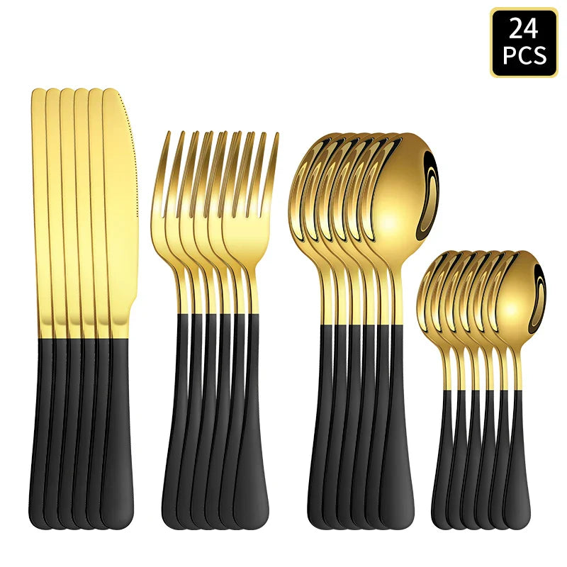 Axyaa 24-Piece Gold & Black Stainless Steel Cutlery Set