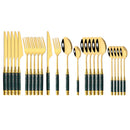 Axyaa Gold Ceramic Dinnerware Set with Stainless Steel Flatware & Cutlery in Luxe Storage Rack