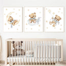 Axyaa Bear Nursery Moon Cloud Star Balloon Wall Art Poster for Kids Room