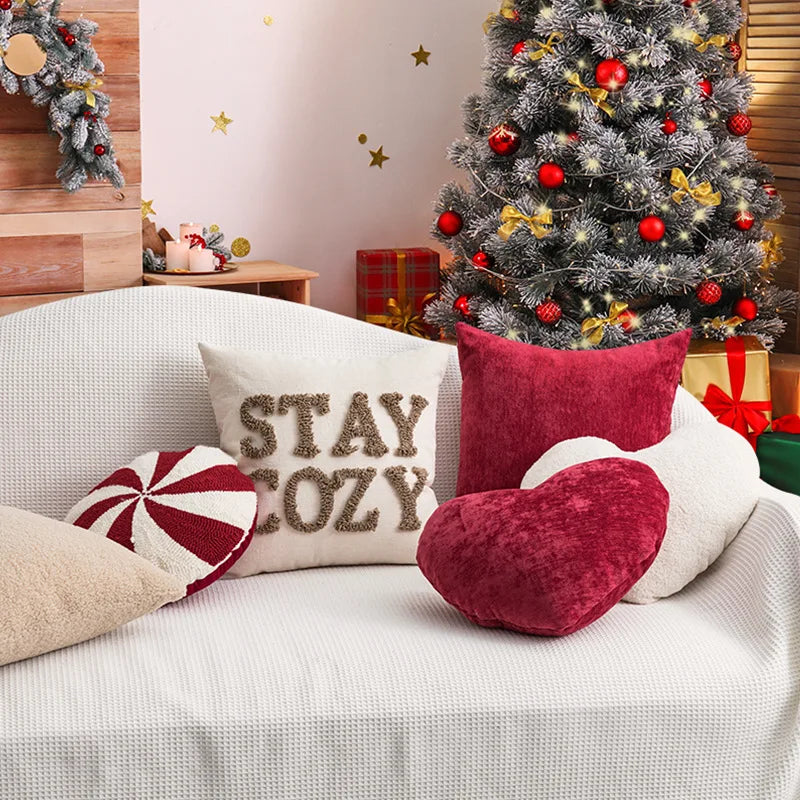Christmas Chenille Plush Tufted Heart Tree Sugar Beige Cushion Cover for Home Decoration