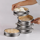Axyaa Stainless Steel Bamboo Steamer Set - Round Drawer, Handle, Grid, Bamboo Lid