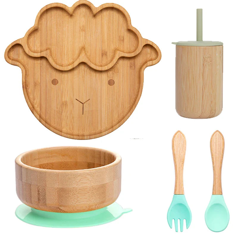 Axya Kids 5Pcs Bamboo Tableware Set with Suction Cup Non-Slip Base