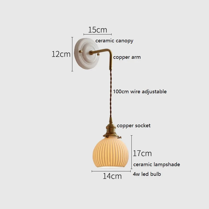 Axyaa Ceramic LED Wall Sconce with Adjustable Copper Arm for Bedroom, Bathroom, Mirror
