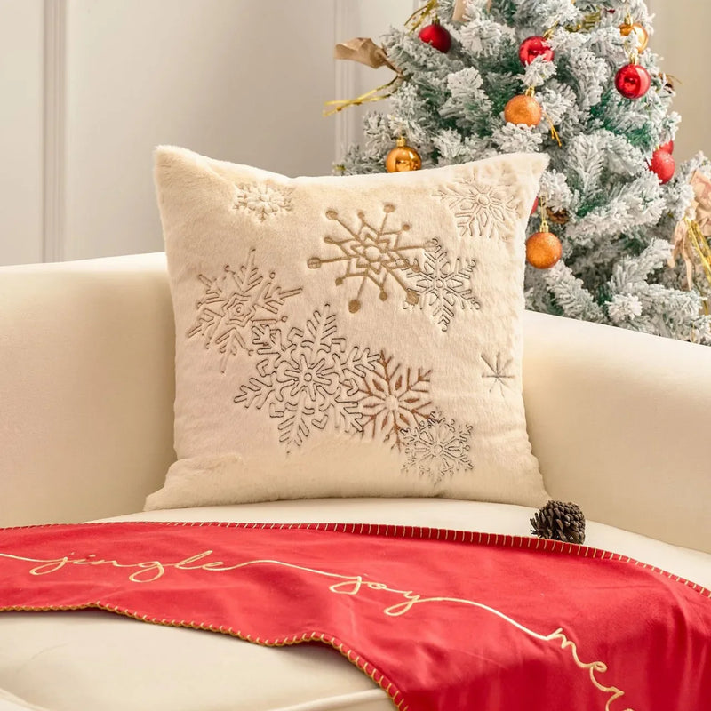 Axyaa White Faux Rabbit Fur Christmas Pillow Cover, Gold Snowman Snowflakes Embroidery