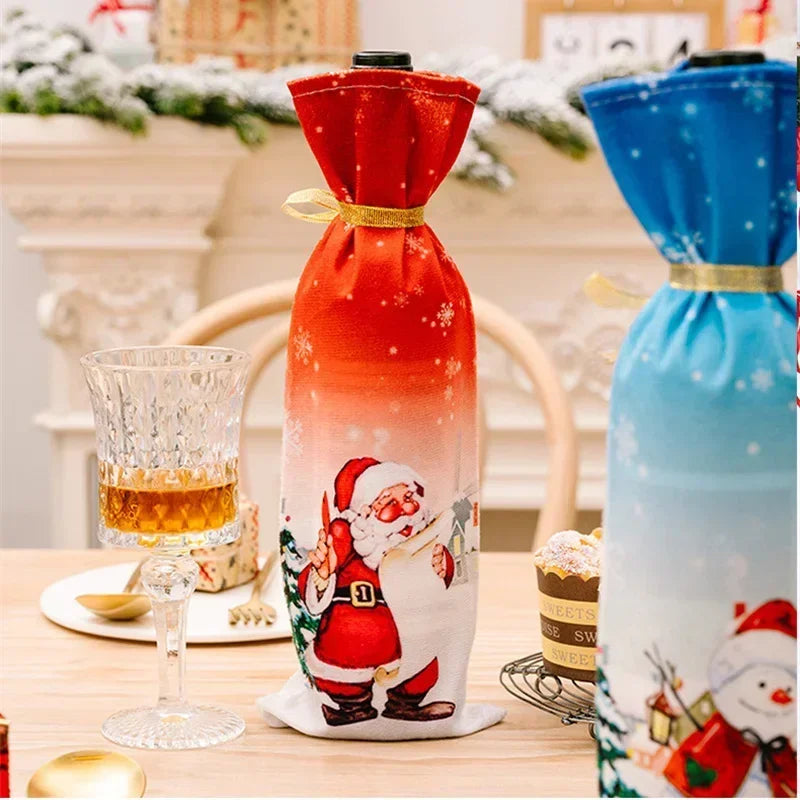 Axyaa Christmas Wine Bottle Cover - Santa Claus Snowman Elk Print - Xmas Table Decor