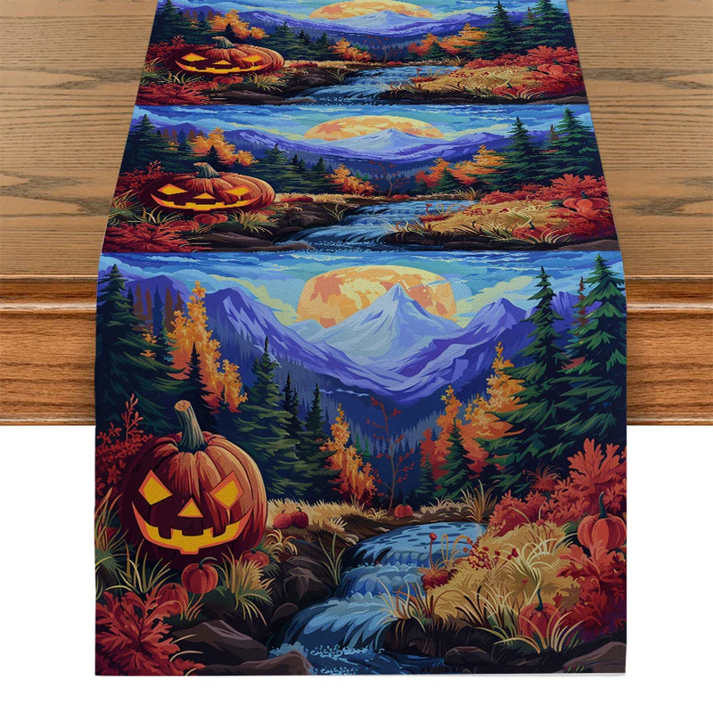 Axyaa Forest Moon Mountain Table Runner: Halloween Party Dining Centerpiece