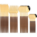 Axyaa 24Pcs Brown Silver Stainless Steel Cutlery Set with Wooden Handle