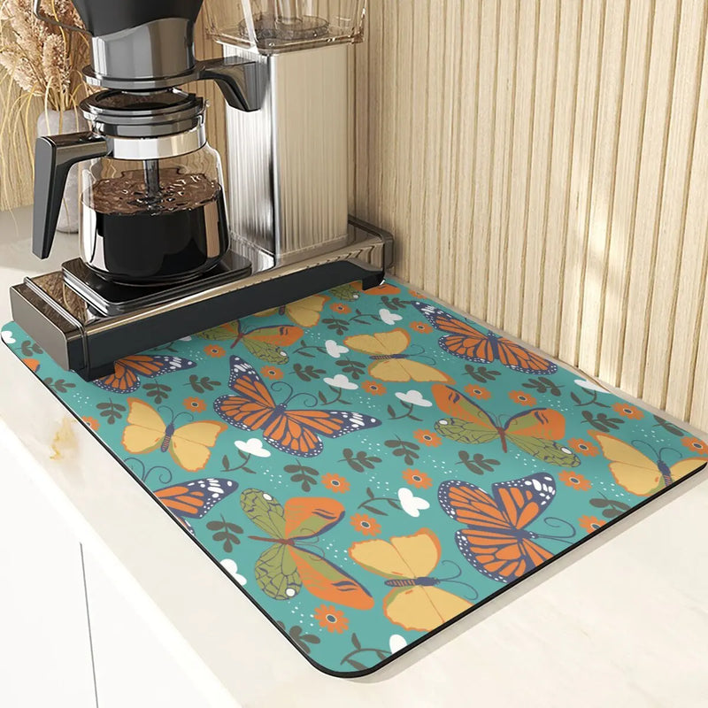 Butterfly Print Table Mat Coaster Set by Axyaa: Kitchen Accessories Absorbent Drying Mat