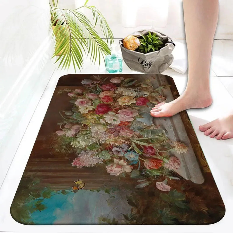 Axyaa Retro Floral Oil Painting Printed Area Rug for Home Decor