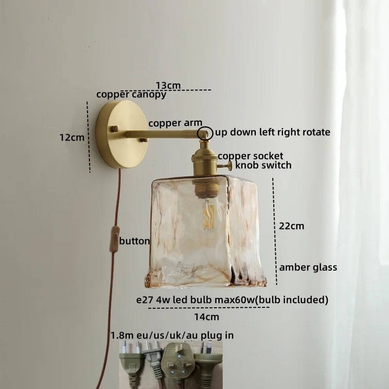 Axyaa Nordic Glass Copper Wall Sconce LED Light Fixture for Home Decor