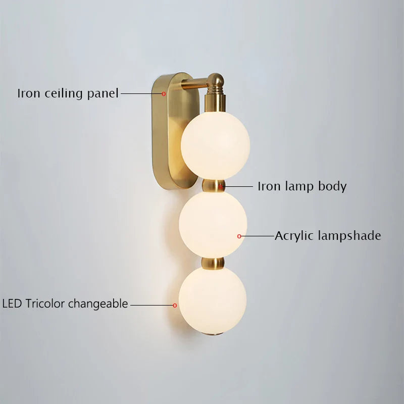 Axyaa White Acrylic Ball Wall Light: Trichromatic Changeable & Gold Metal Finish