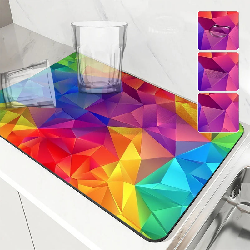 Pride Moon Rainbow Geometric Non-Slip Kitchen Drying Mat by Axyaa