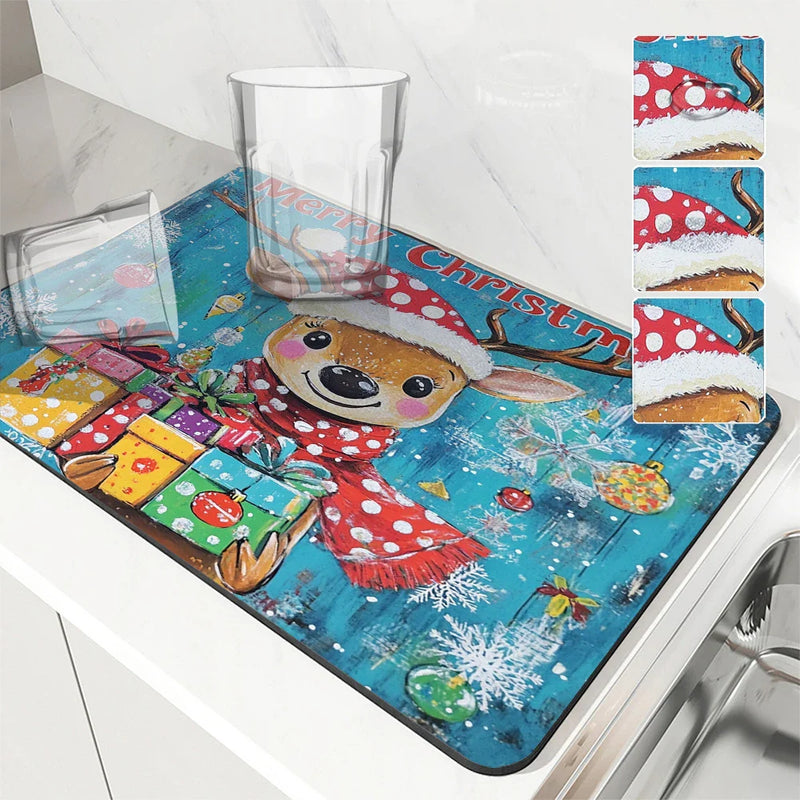 Axyaa Christmas Deer Drying Mat - Absorbent & Antiskid Kitchen and Bathroom Pad