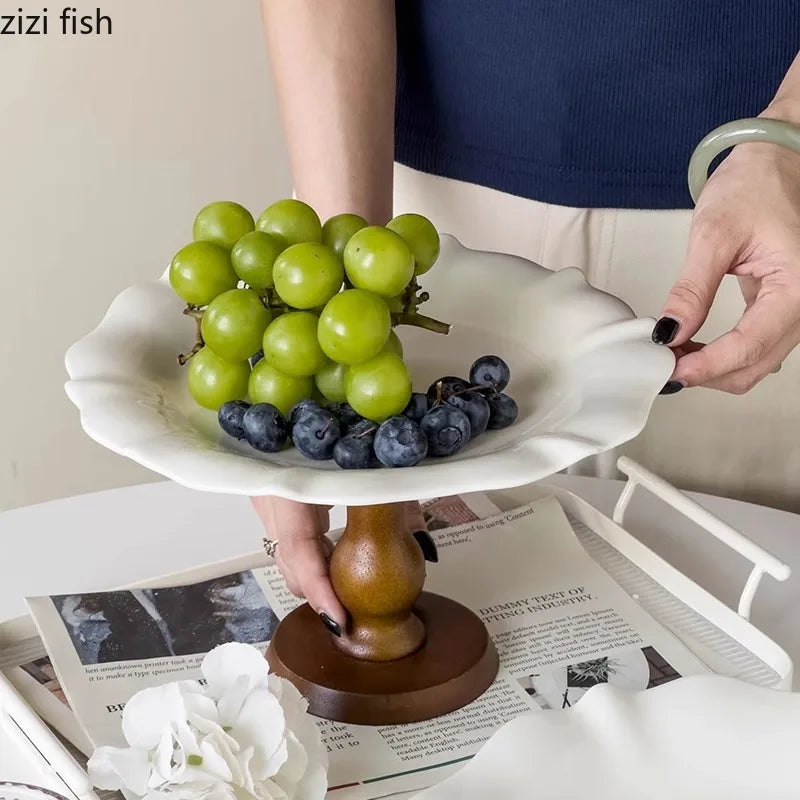 Axya Ceramic Fruit Plate Creative Wood High Foot Snack Display Plate