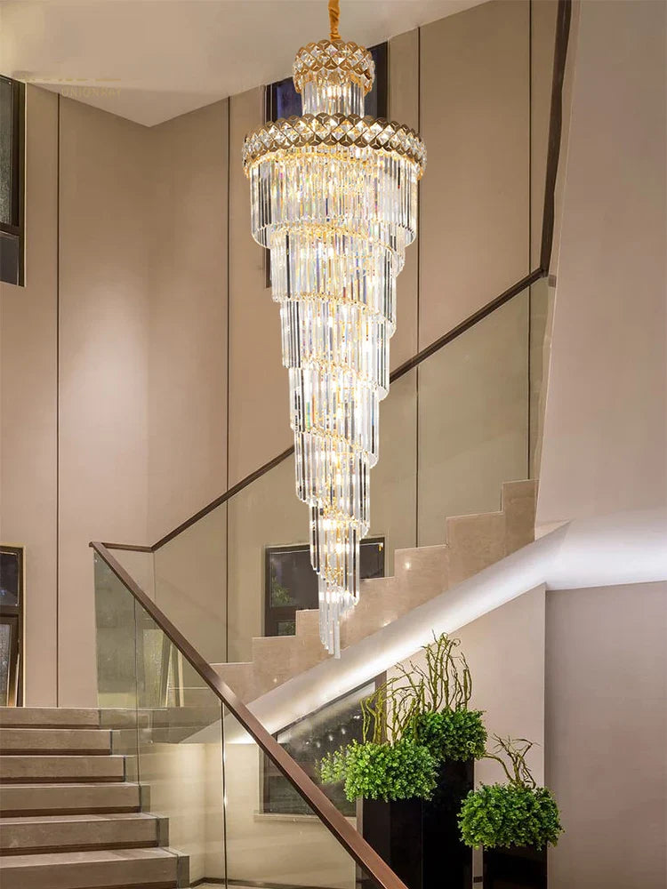 Axyaa Gold Stainless Steel Crystal Chandelier for Staircase in Long Villa
