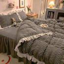 Axyaa Pink Grey Ruffled Seersucker Duvet Set with Bed Skirt & Pillowcases