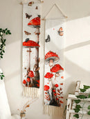 Boho Red Mushroom Cotton Wall Hanging Tapestry with Fringe by Axyaa