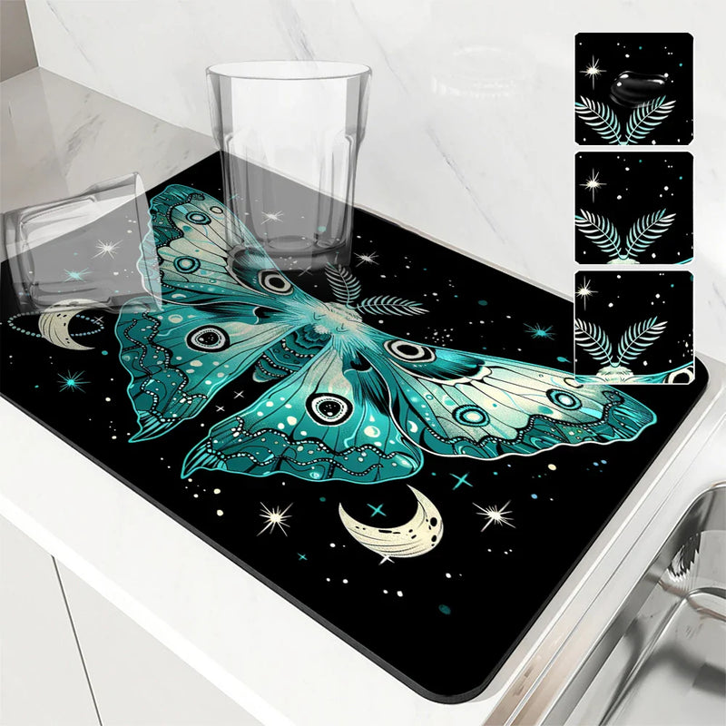 Axyaa Moon Moths Drain Pad: Non-slip Dish Drying Mat for Kitchen Counter