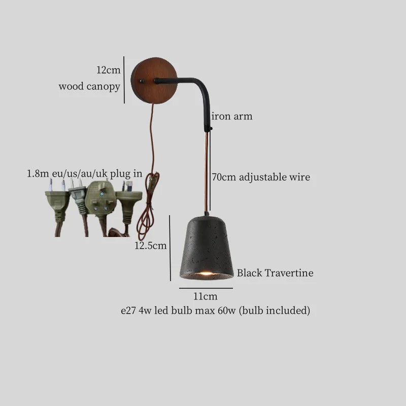 Axyaa Wabi Sabi LED Wall Light 70CM Black Travertine Bedside Lamps