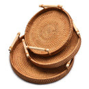 Axyaa Round Rattan Tray with Wooden Handle, Multipurpose Serving Tray for Home Kitchen