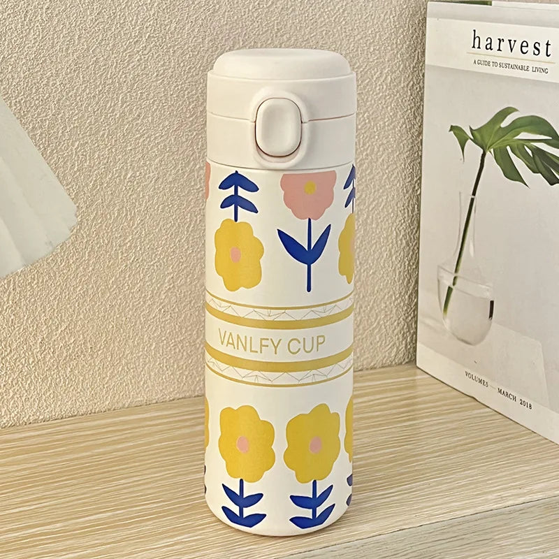 Axyaa Cartoon Tulip Thermos Cup with Straw, Leak-Proof Travel Water Bottle