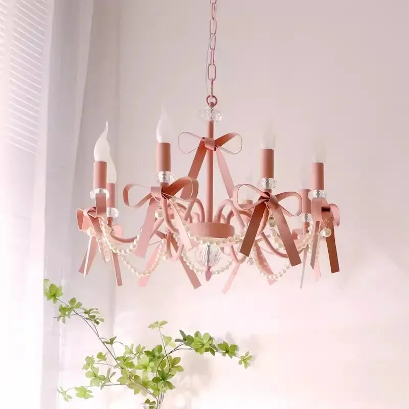 Axyaa Pink Chandelier Bow Pendant Lights for Romantic Home Decor