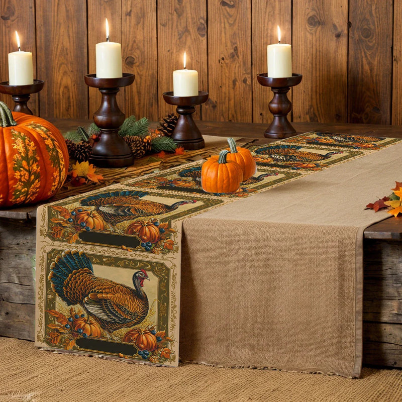 Axyaa Thanksgiving Turkey Flower Pattern Table Runner - Festive Dining Decor