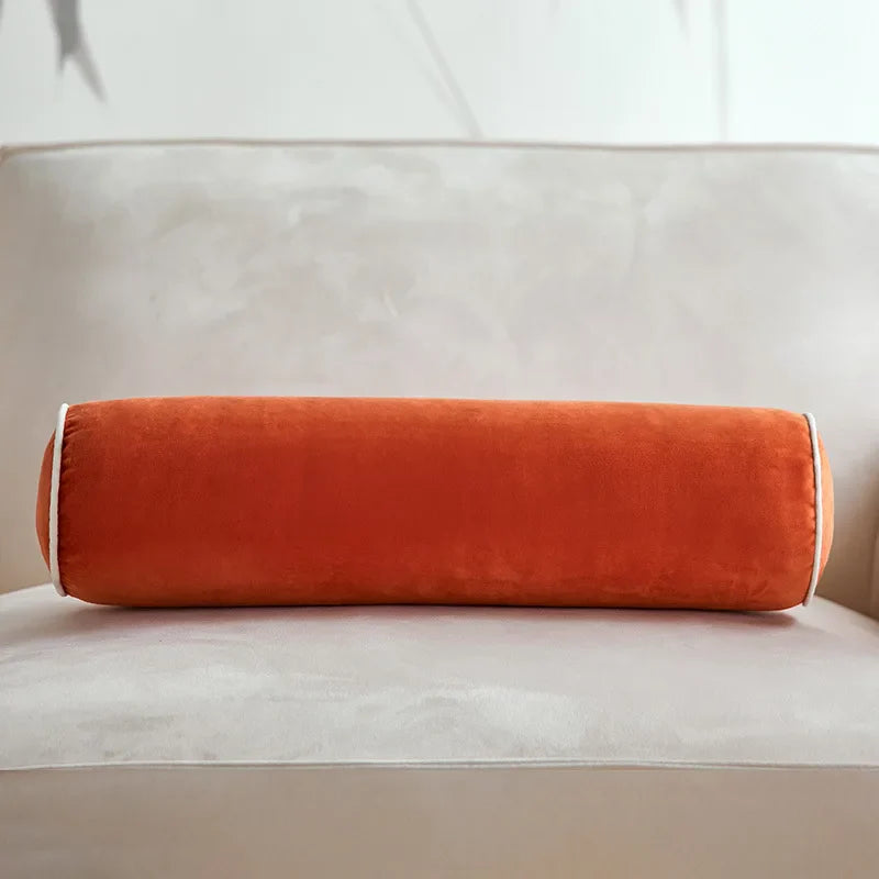 Axyaa Velvet Bolster Pillow - Corded Edge, Removable Cover - Cylindrical Neck Roll - 17.5x56cm