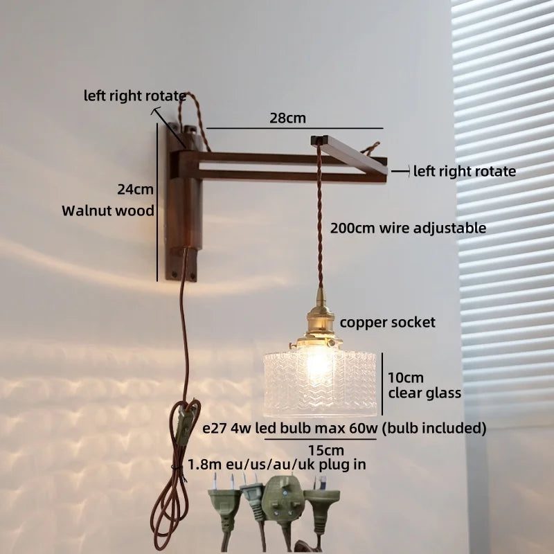 Axyaa Clear Glass LED Wall Sconce with Arm, Black Walnut Wood Stair Light