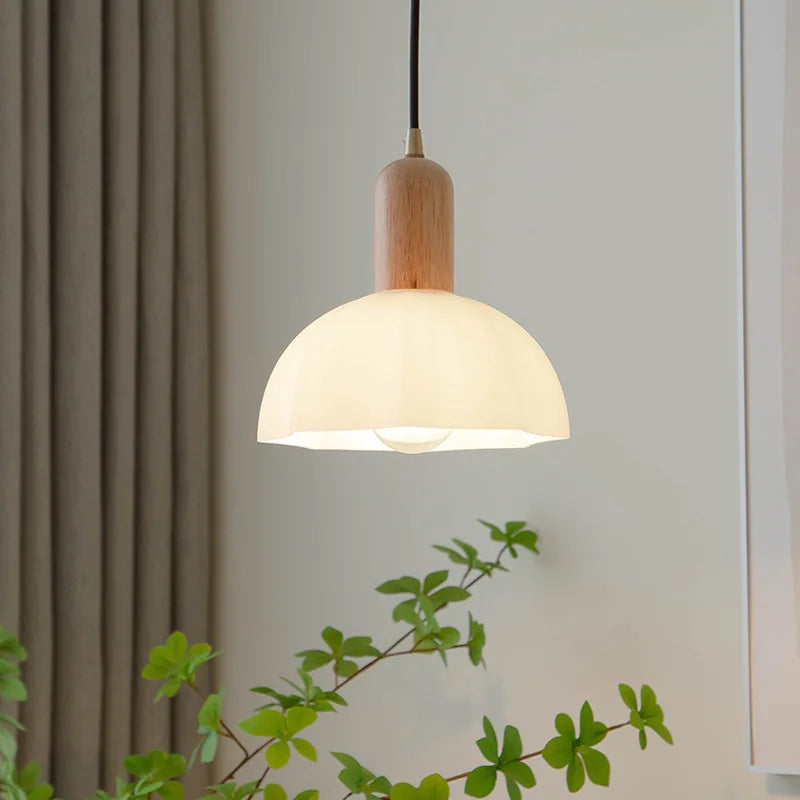Axyaa White Glass LED Pendant Lights with Wood Handle - Modern Living Room Décor