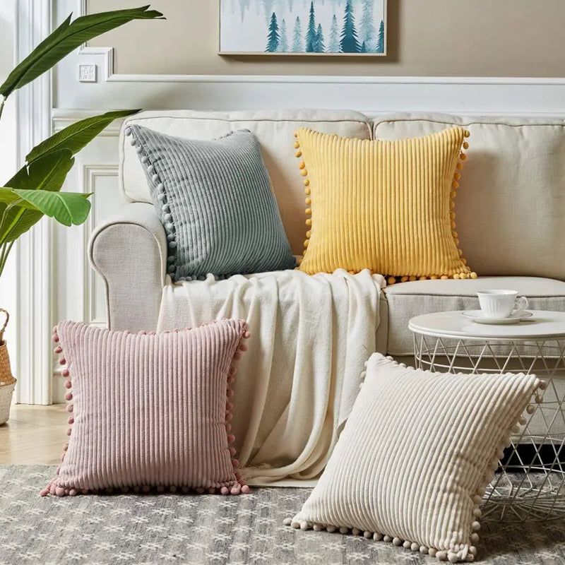 Lumbar Corduroy Boho Cushion Cover with Pom Pom Detail by Axyaa
