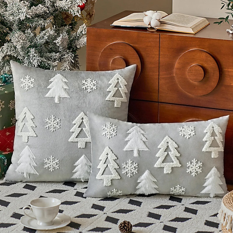 Axyaa Velvet Christmas Tree Cushion Cover, Embroidered Snowflakes, Home Decor